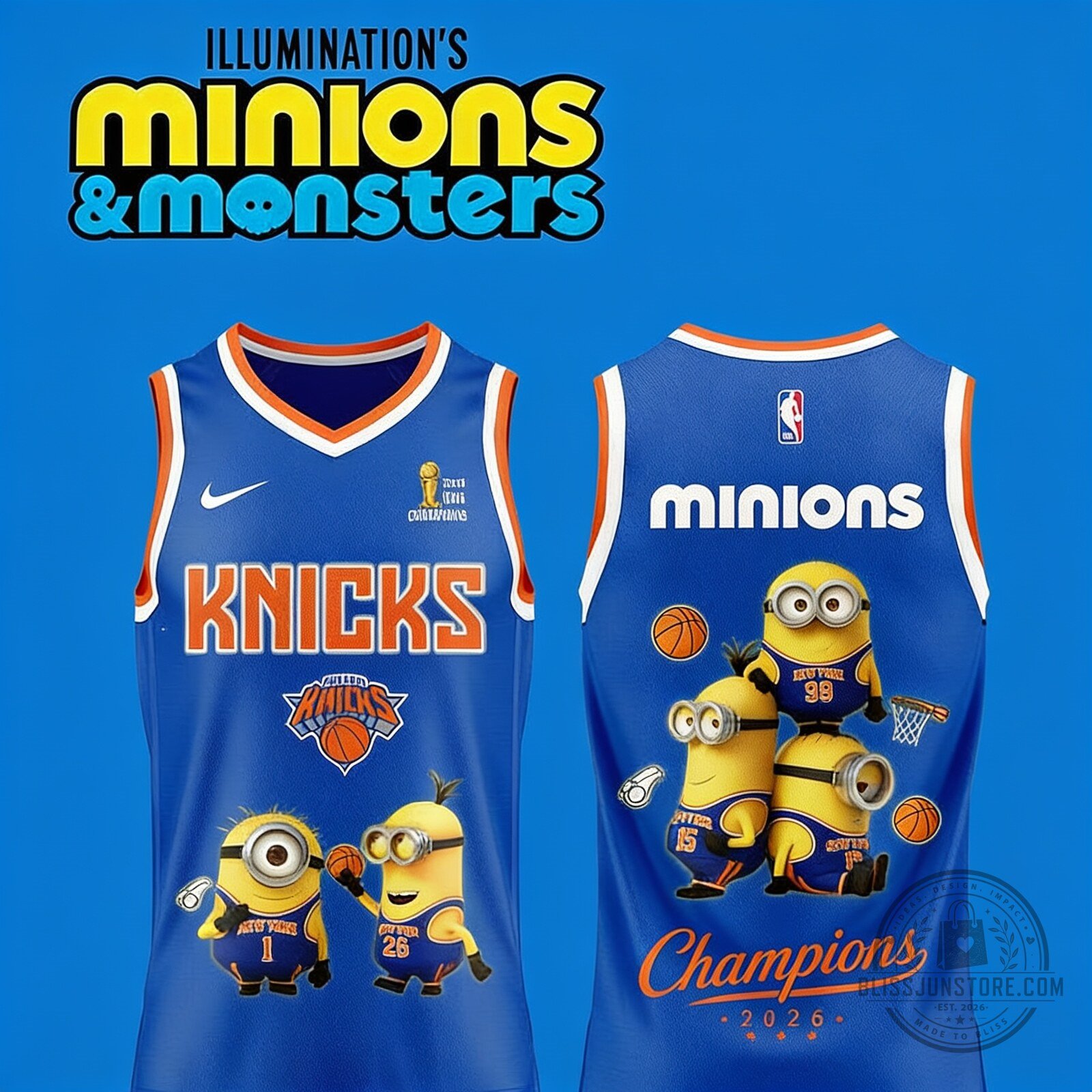 New York Knicks x Minions Movie 2026 Champions Blue Jersey