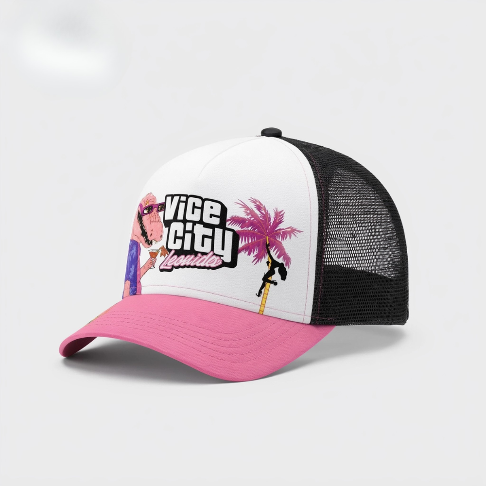 Vice City Leonida Retro Trucker Hat – Miami Sunset Dinosaur Cap | GTA-Inspired Streetwear