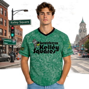Worcester Kelley Squares Green Theme Night Jersey Replica - Full Graphic V-Neck Baseball Shirt 7 Worcester Kelley Squares Green Theme Night Jersey Replica - Full Graphic V-Neck Baseball Shirt