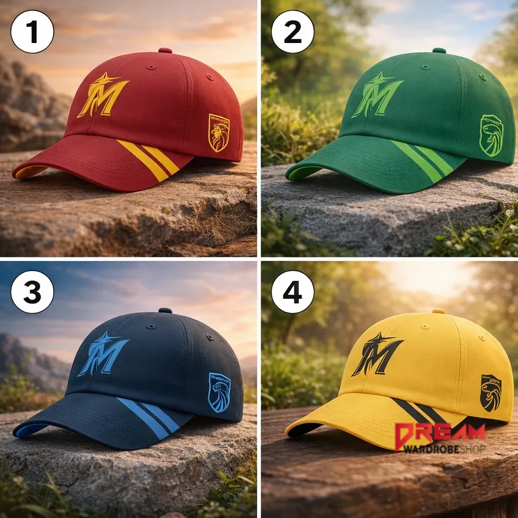 Four colorful baseball caps with custom wizard-inspired logos arranged on stone.