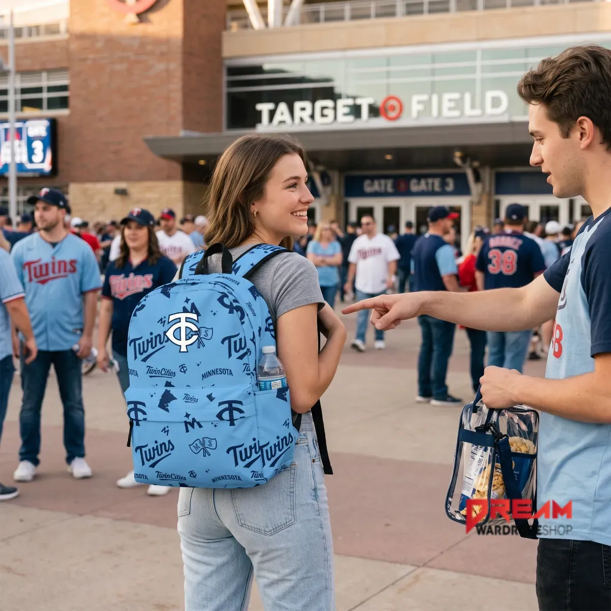A light blue backpack featuring an all-over print of baseball team logos.