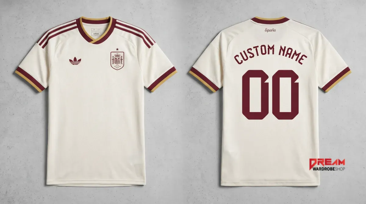 Front and back view of a cream soccer jersey with maroon details.
