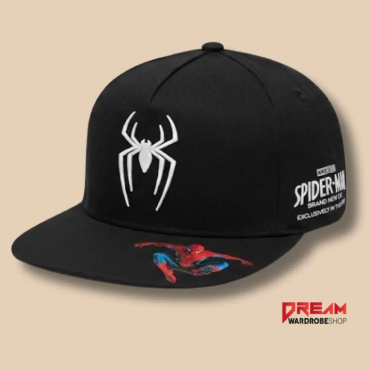 Front view of a black snapback hat with a white spider logo.