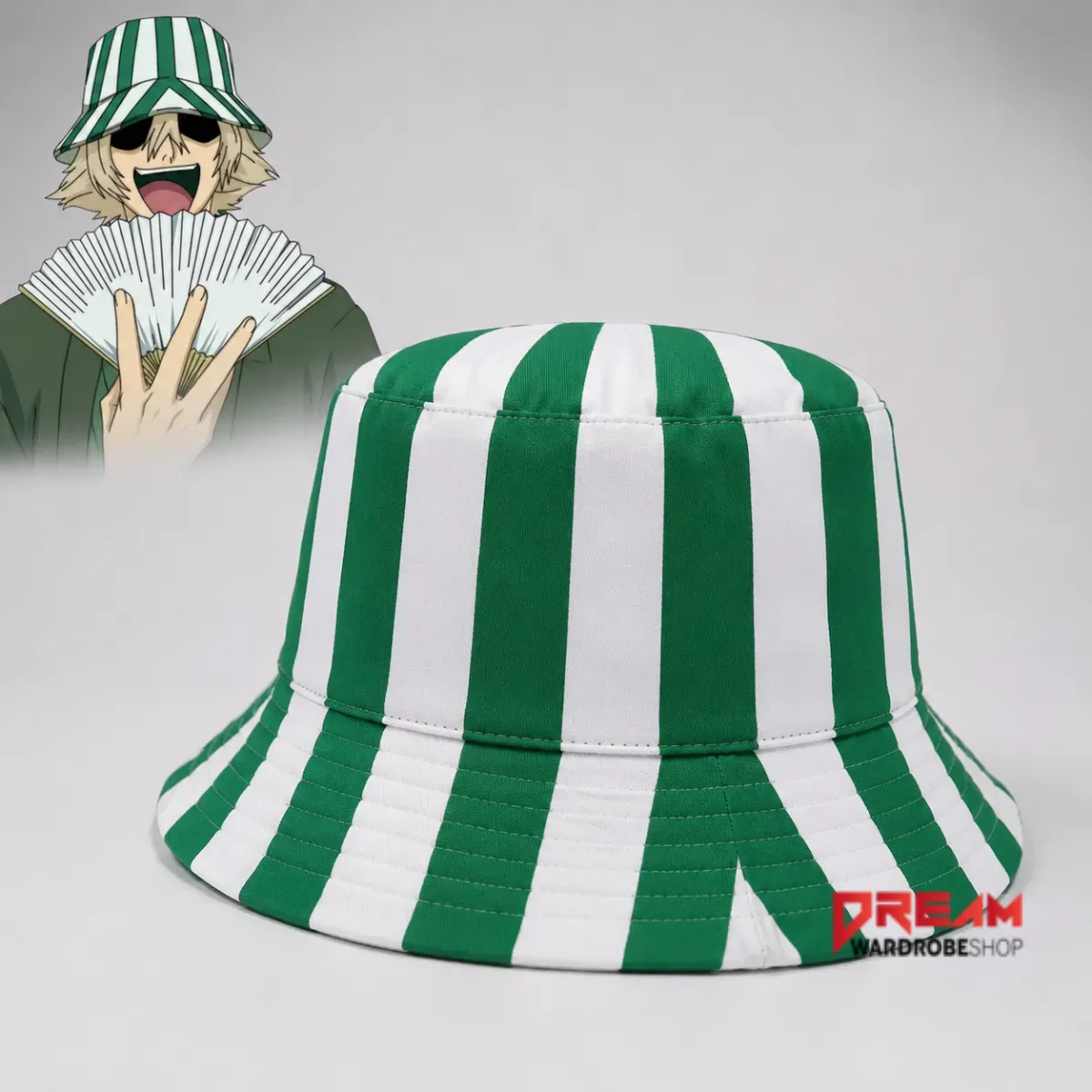 Front view of the green and white striped bucket hat.