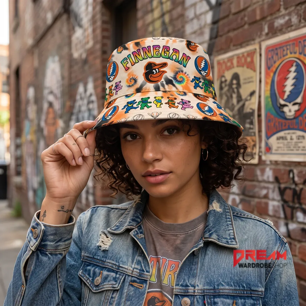 Front view of the custom tie-dye bucket hat with Orioles logo.