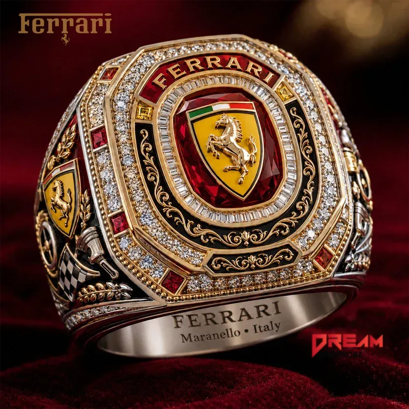 Front view of the gold championship ring with red stone and horse emblem.