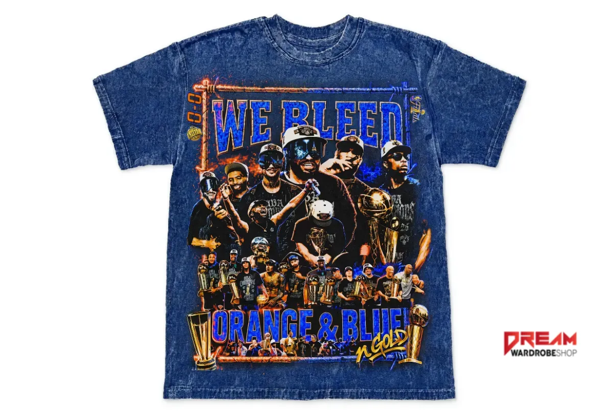 We Bleed Orange and Blue New York Knicks Championship Tribute Vintage Washed T-Shirt 7 Detailed view of the vibrant orange and blue print on the blue acid-wash cotton fabric