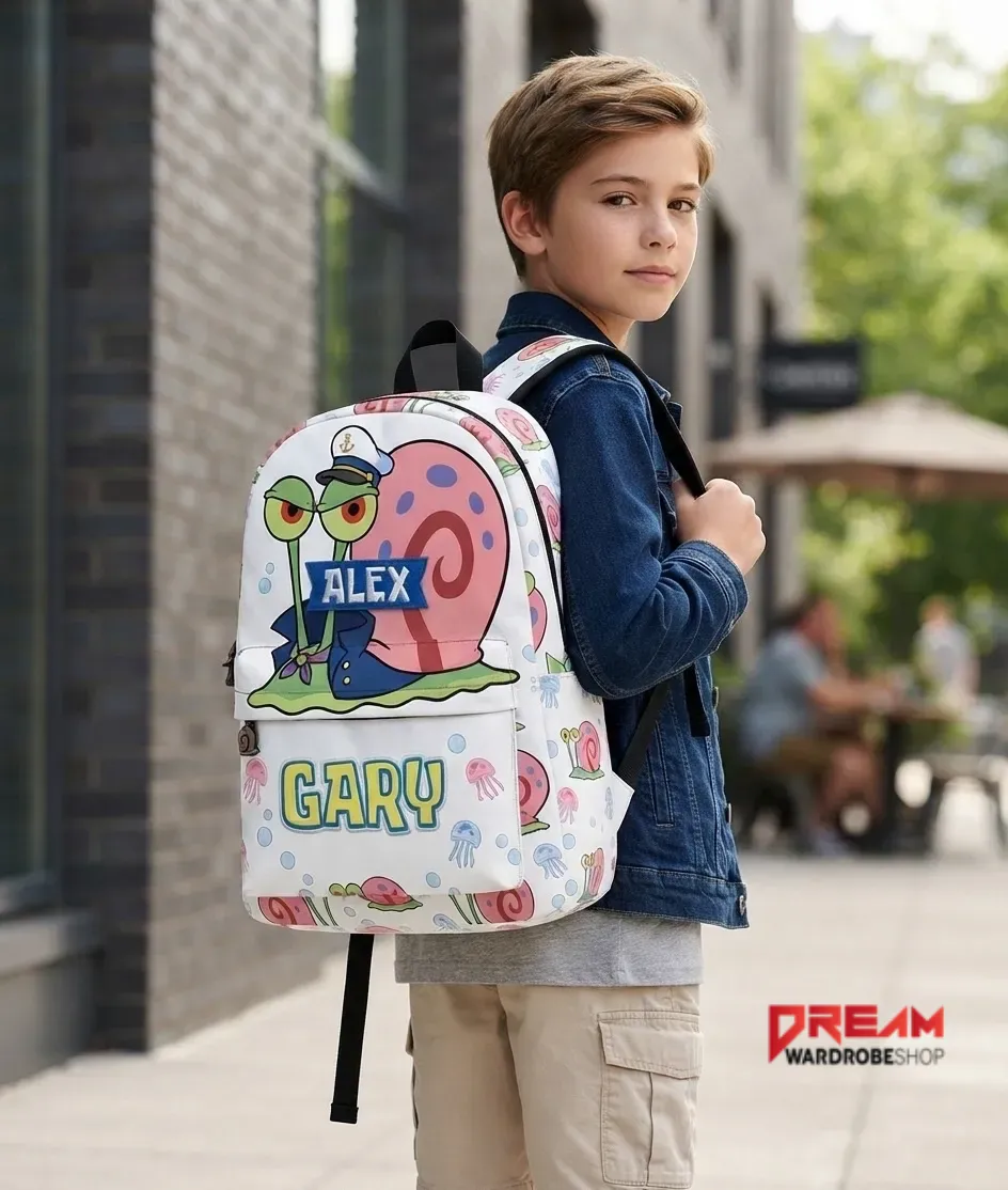 Detailed view of the Gary the Snail print on a white backpack.