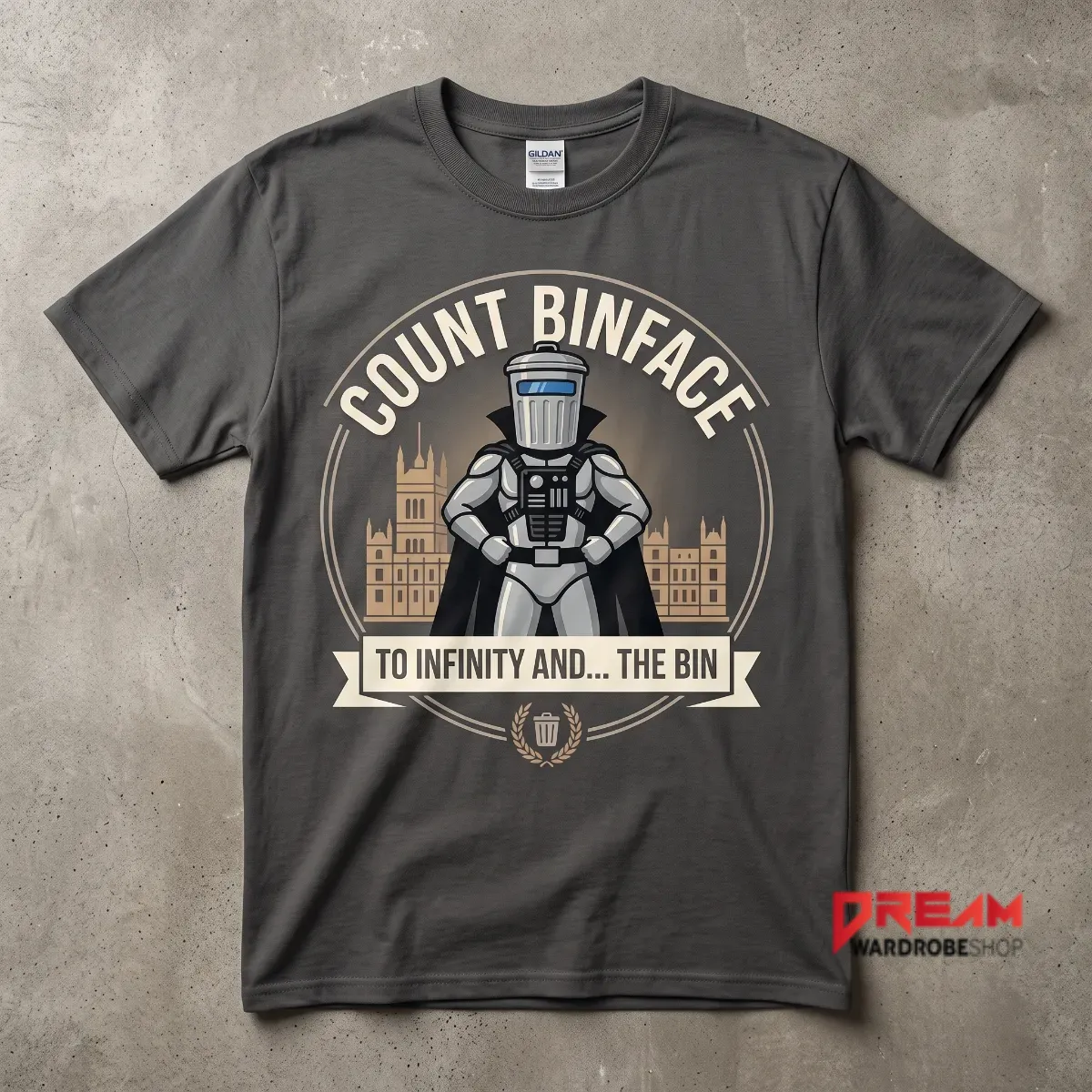 Vote Count Binface To Infinity and The Bin Parody T-Shirt 7 Charcoal grey t-shirt displaying Count Binface print on a textured concrete surface