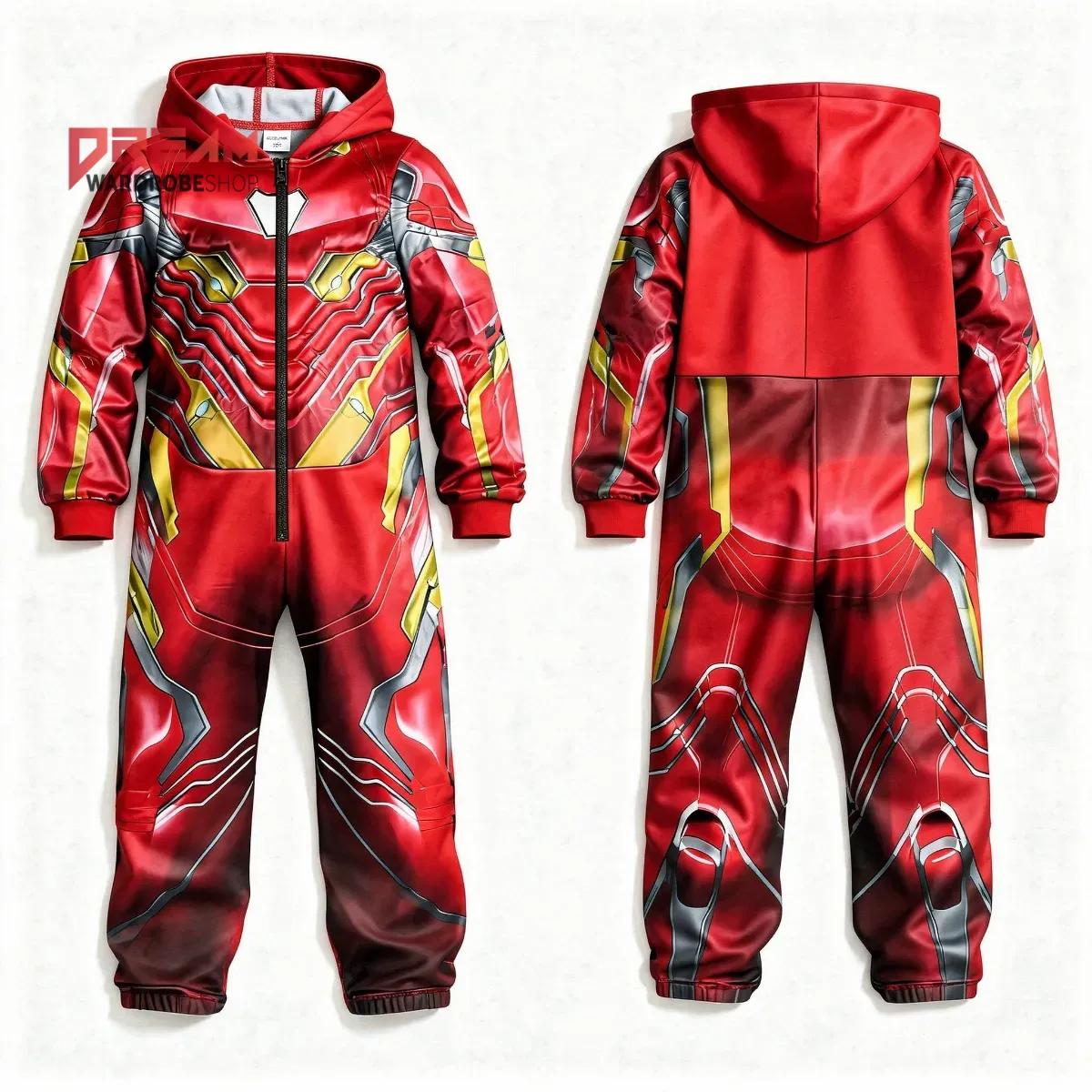 Front and back view of a hero-inspired jumpsuit hoodie with metallic red and gold armor graphics.