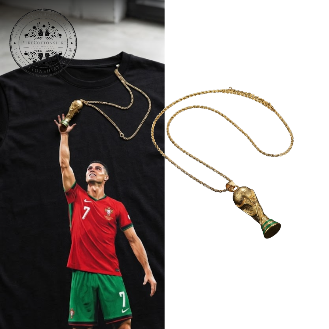 FIFA World Cup 2026 Mini Trophy Pendant Necklace - FIFA World Cup 2026 Mini Trophy Pendant Necklace - Meme Cristiano Ronaldo by showing him looking up toward Lionel Messi labeled as the GOAT