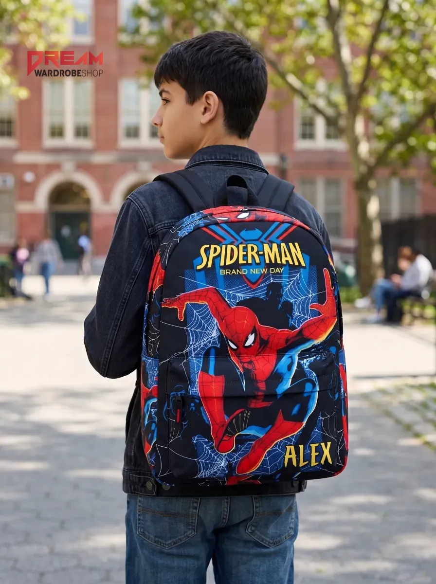 Custom Name Spider-Man Brand New Day Merch 2026 Adults Kids School Backpack 5 Close up view of the Spider-Man backpack on a student walking outdoors with brick building background