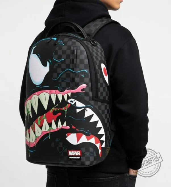 Marvel Venom Shark Mouth Sprayground Backpack – Black Checkered Streetwear Laptop Bag 4 Marvel Venom Shark Mouth Sprayground Backpack – Black Checkered Streetwear Laptop Bag