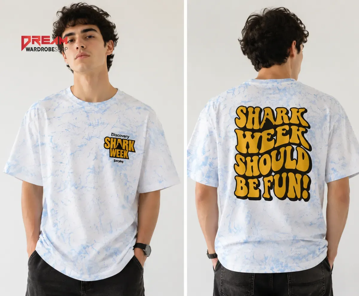 Front and back views of a light blue marble-wash tee with yellow typography.