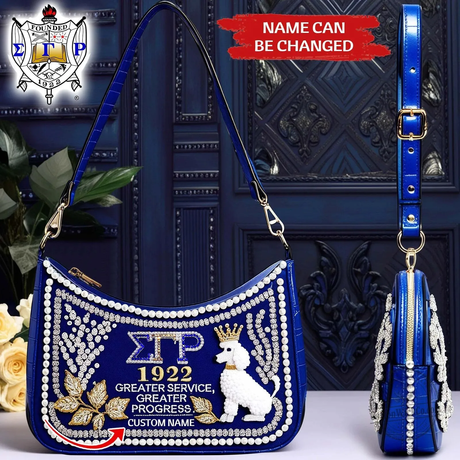 Sigma Gamma Rho Sorority Royal Blue Shoulder Bag with Pearls and Poodle