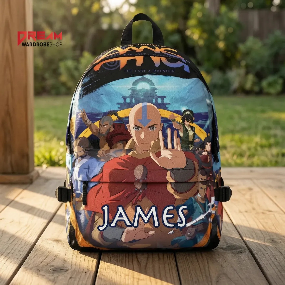 The front view of a custom personalized Avatar backpack showing Aang and team members with the name James in a bold font.