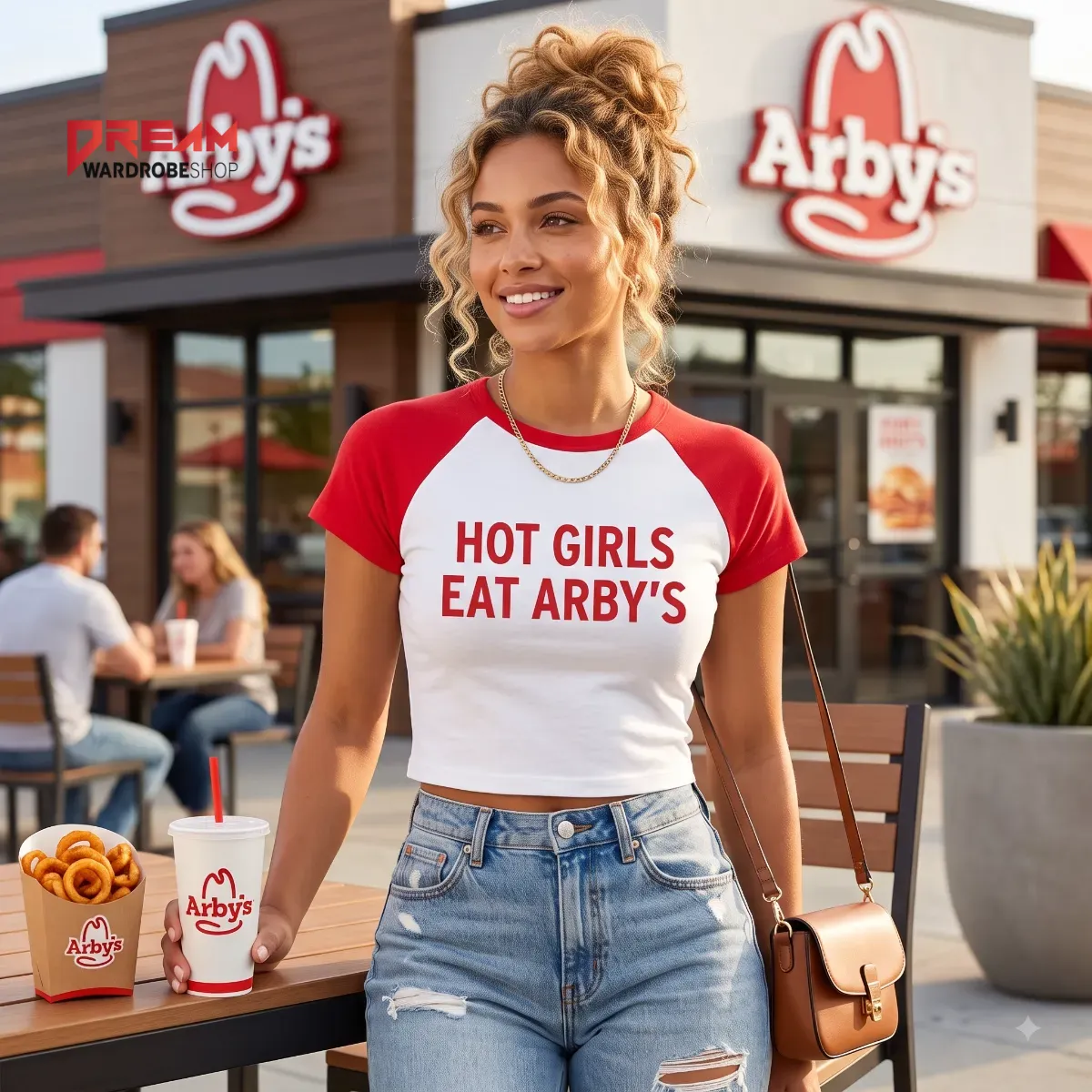 Sophie Cunningham Arbys Shirt Hot Girls Eat Arby’s Women Baby Tee 5 Close up of the red text print on a soft white cotton baby tee fabric.