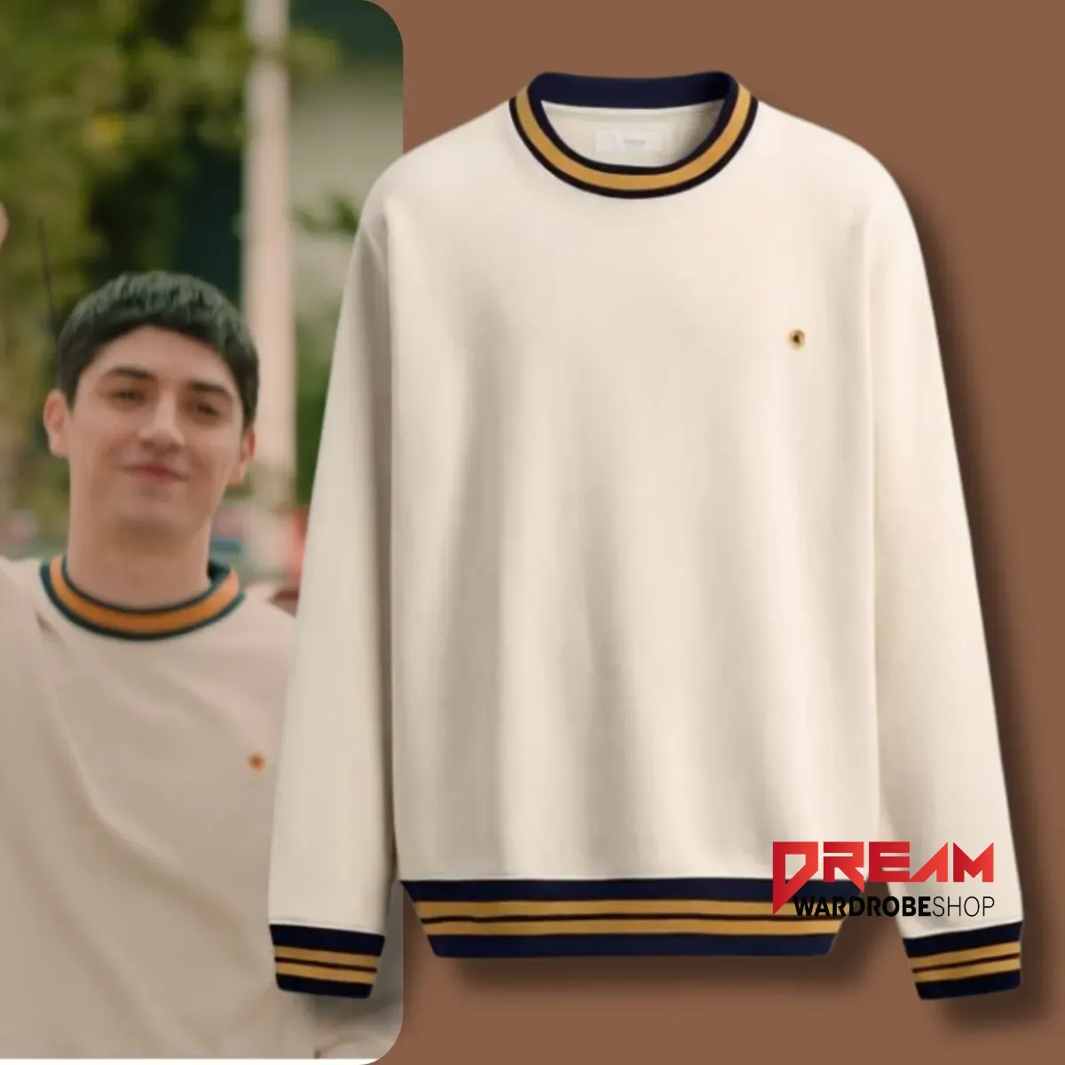 Replica of the Gutierrez sweater worn by Sidney Robote on My Daughters Father, featuring a cream base with navy and gold ribbed neck and cuff trim.