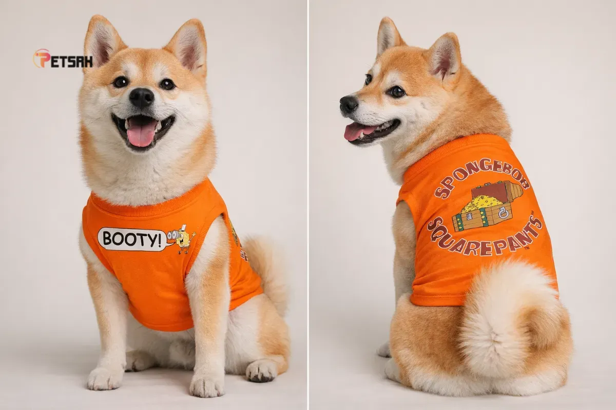 Dual view of a Shiba Inu wearing an orange SpongeBob t-shirt showing treasure.