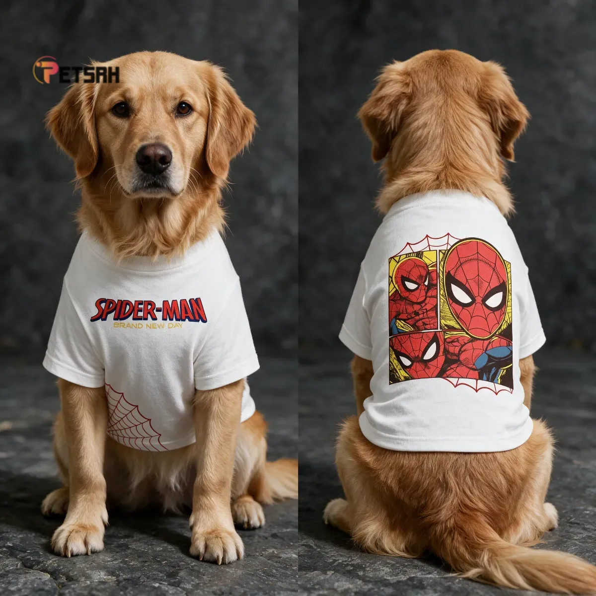 A Labrador retriever modeling a white short-sleeve dog t-shirt featuring Spider-Man comic panels.