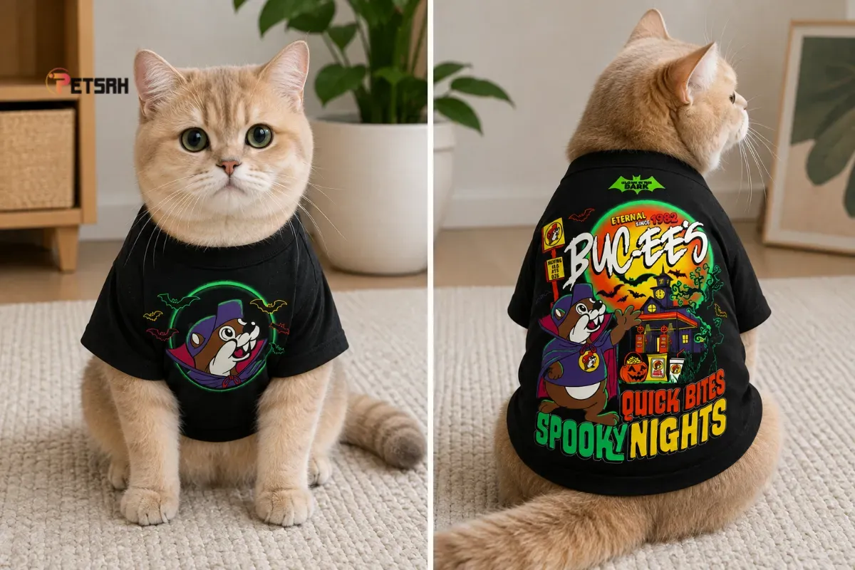Front view of a cat wearing a black shirt featuring a cute vampire beaver graphic