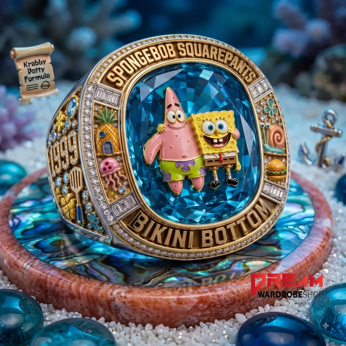 Ornate gold championship ring featuring SpongeBob and Patrick on an ocean-inspired display.