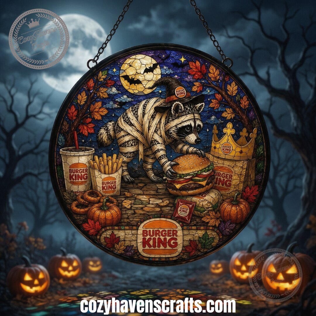 Burger King Halloween Mummy Raccoon Stained Glass Suncatcher 3 Burger King Halloween Mummy Raccoon Stained Glass Suncatcher