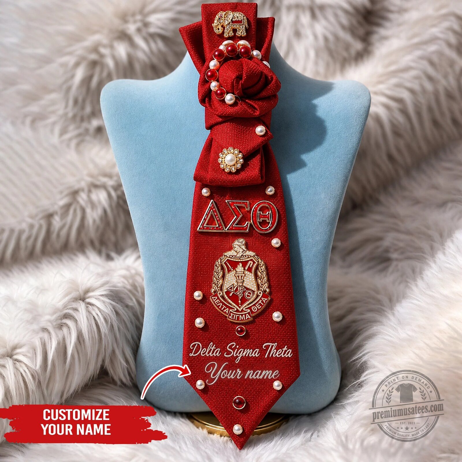 Delta Sigma Theta Sorority Personalized Red Tie with Elephant and Pearl Embellishments