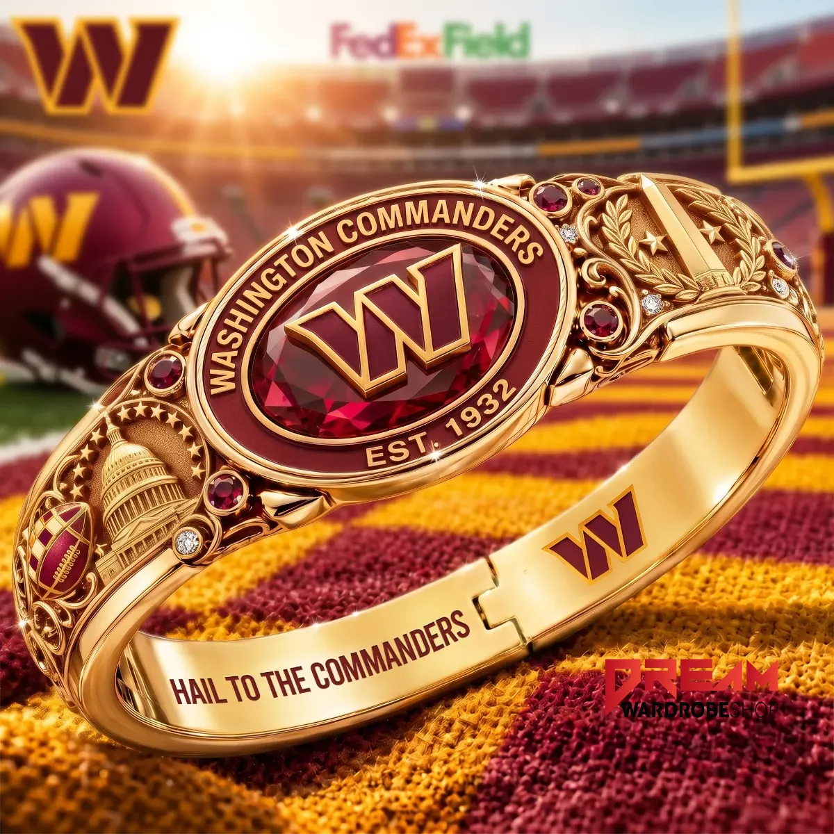 A close-up of a gold cuff bracelet featuring the Commanders logo, team colors, and stadium-themed decorative elements.