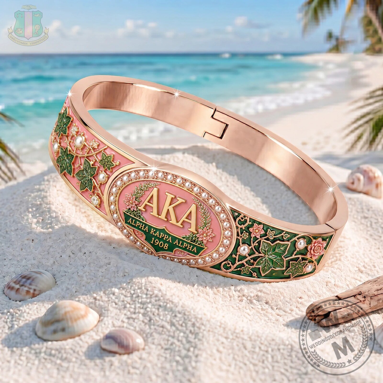 Alpha Kappa Alpha Sorority Pink and Green Ivy Leaf Pearl Bracelet