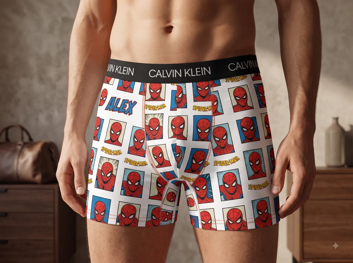 Spider-Man comic book grid print boxers with custom name text