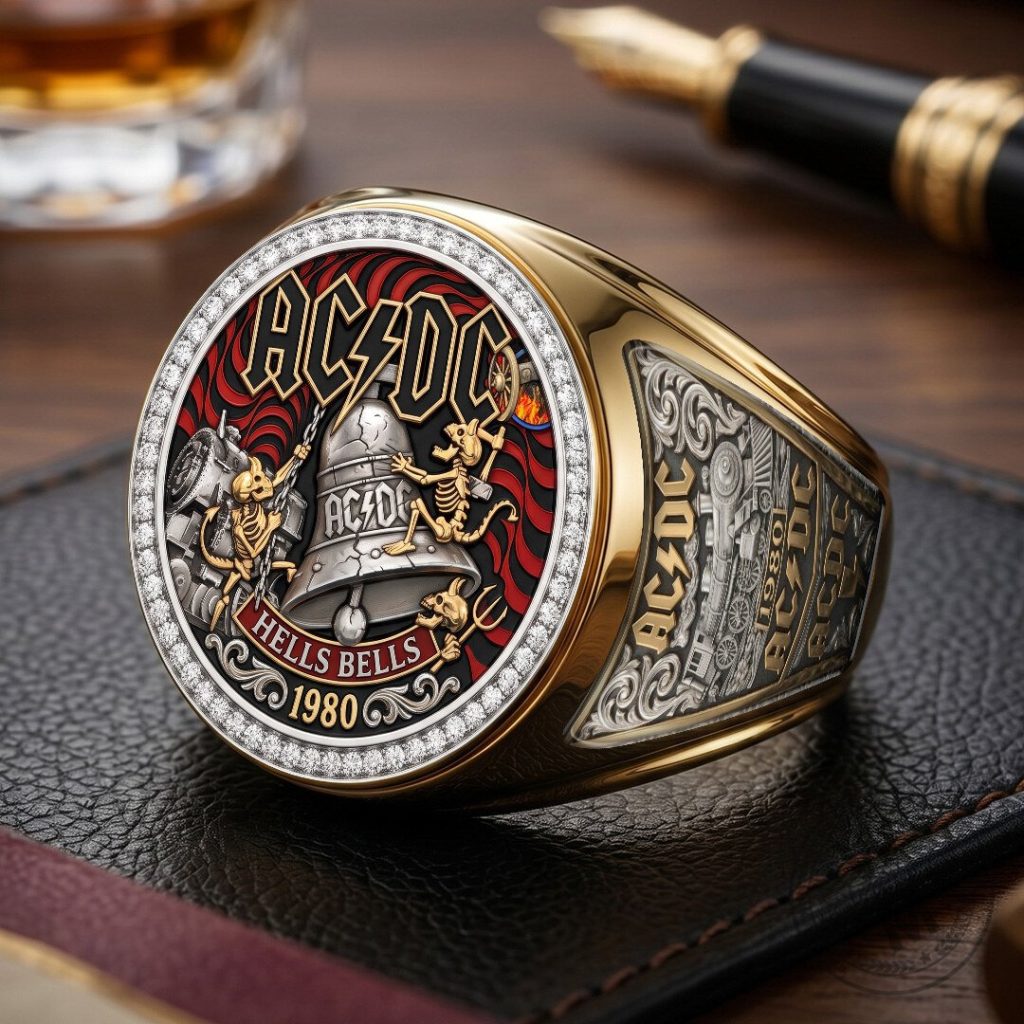 ACDC Hells Bells 1980 Album Art Gold and Silver Engraved Ring