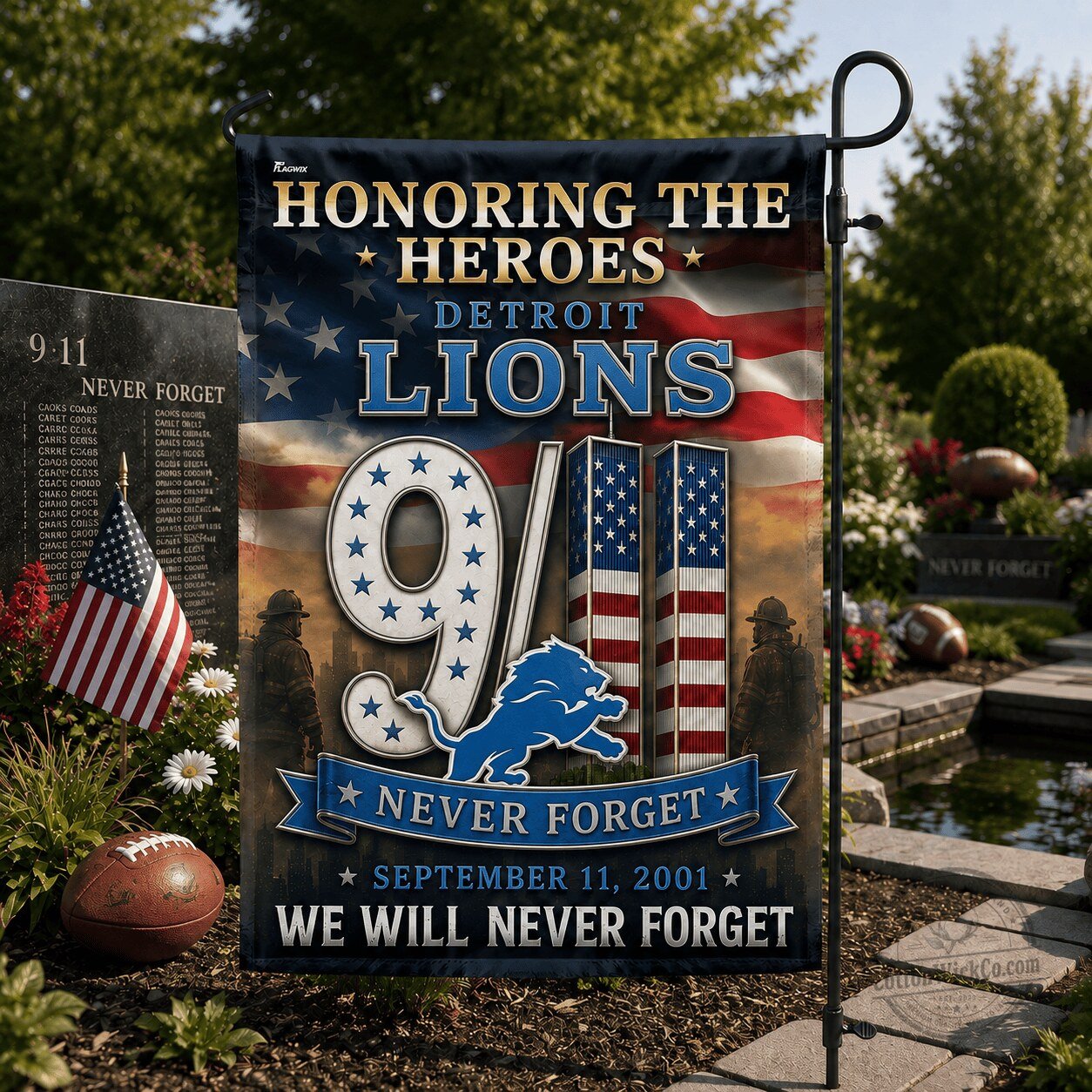 Detroit Lions Honoring Heroes September 11 Never Forget Flag 1 Detroit Lions Honoring Heroes September 11 Never Forget Flag