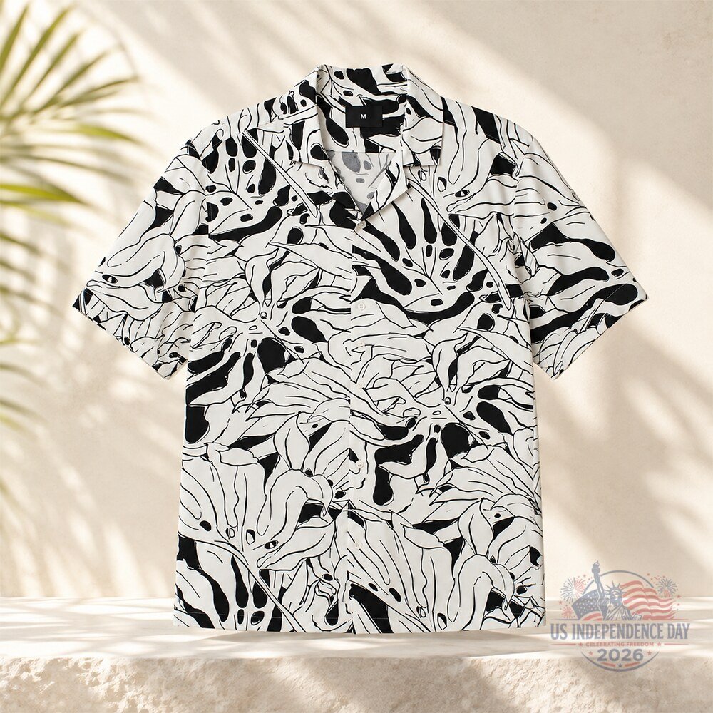 Robert Downey Jr Black And White Monstera Leaf Hawaiian Shirt 4 Robert Downey Jr Black And White Monstera Leaf Hawaiian Shirt