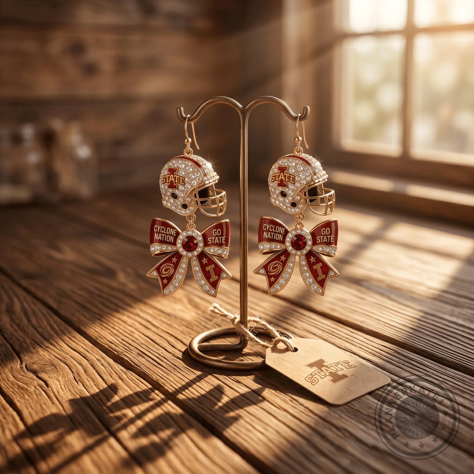 Dangle Earrings with Football Helmet and Bow for Iowa State Cyclones Fans 5 Dangle Earrings with Football Helmet and Bow for Iowa State Cyclones Fans