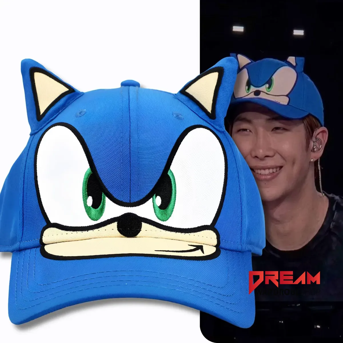 Vibrant blue cap featuring Sonic the Hedgehog face graphic with 3D-effect ears.