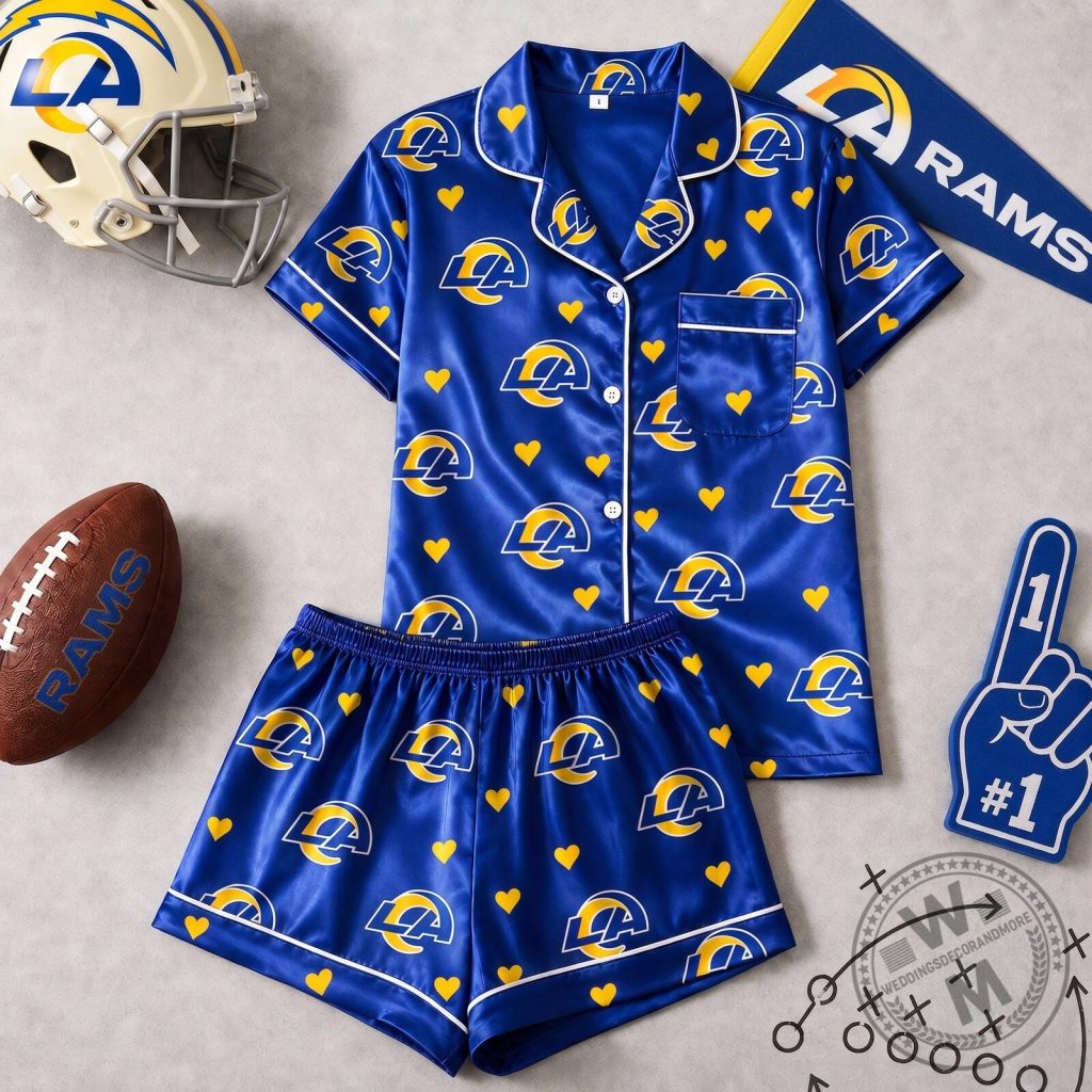 Los Angeles Rams Women's Love Heart Print Satin Short Sleeve Pajamas Set Los Angeles Rams Women's Love Heart Print Satin Short Sleeve Pajamas Set