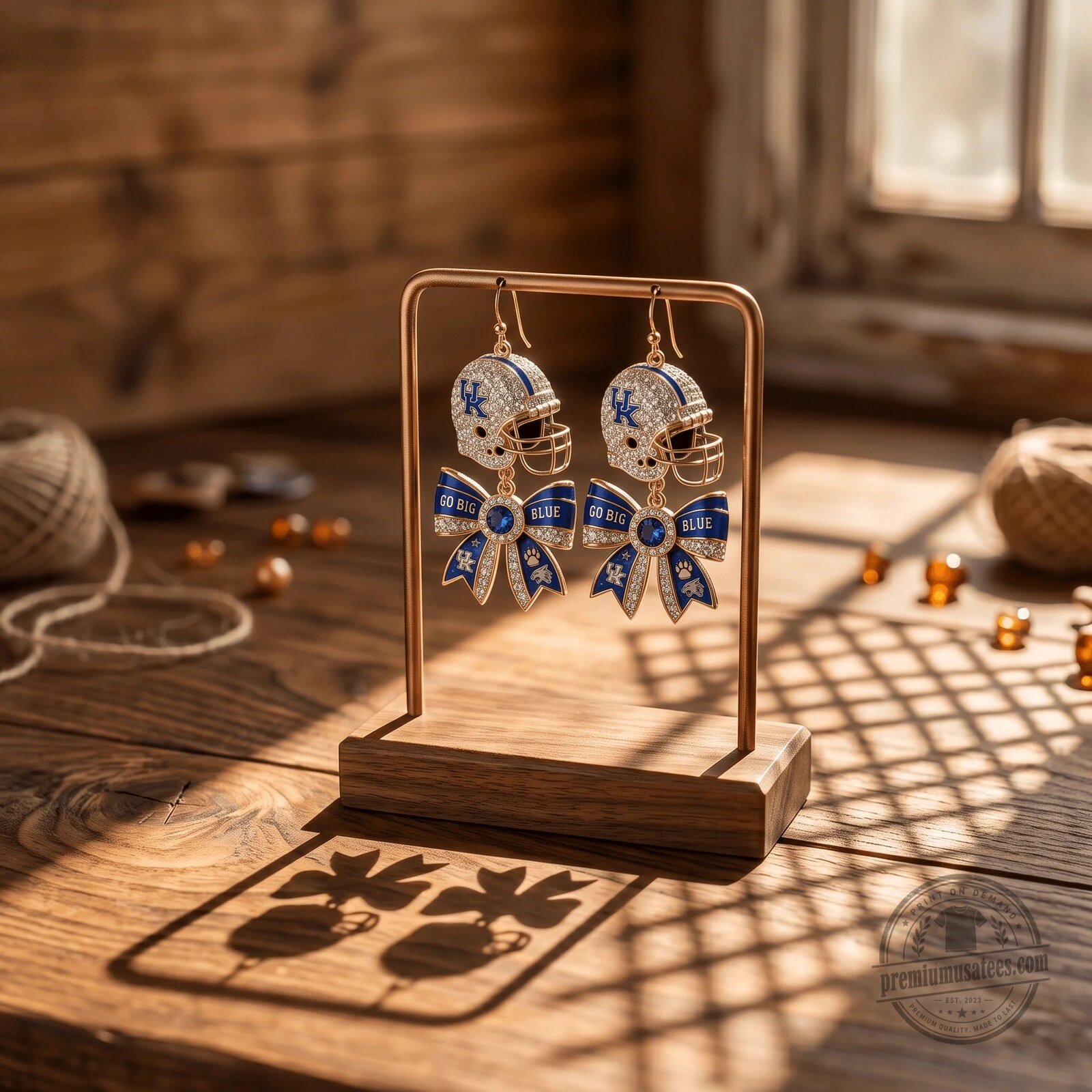 Dangle Earrings Featuring Kentucky Wildcats Football Helmet and Blue Bows 5 Dangle Earrings Featuring Kentucky Wildcats Football Helmet and Blue Bows