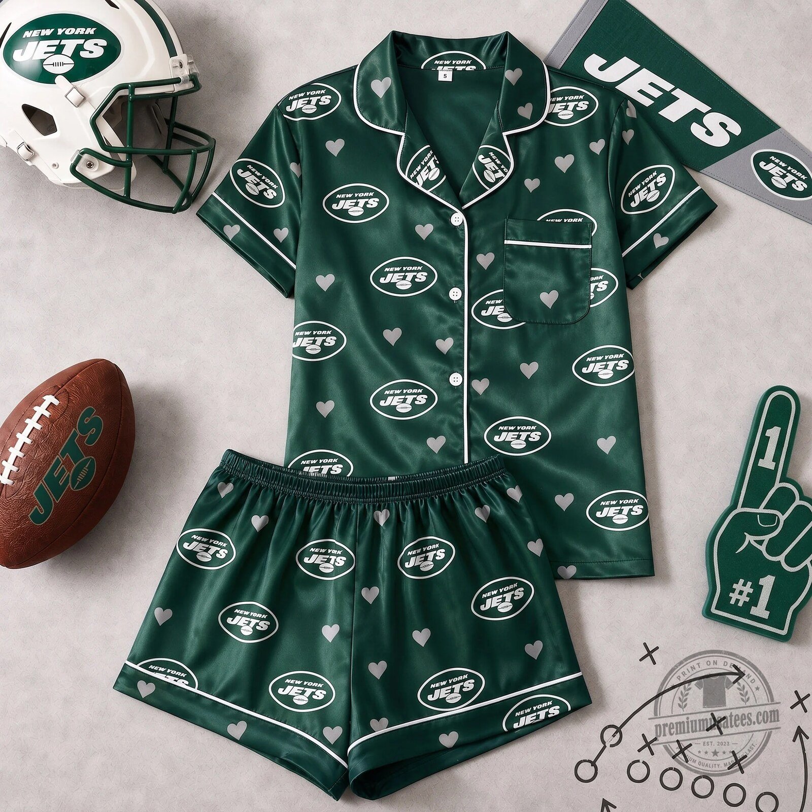 New York Jets Football Team Logo Heart Print Satin Pajamas Set