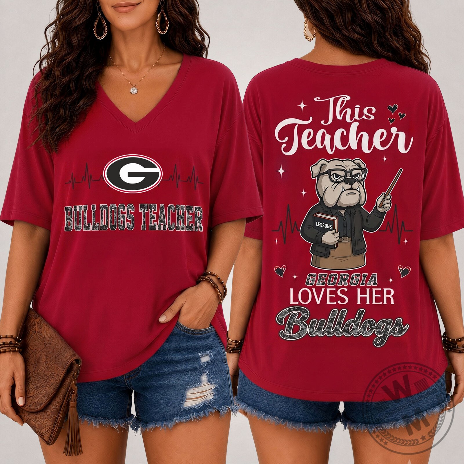 Georgia Bulldogs Teacher Love Football V-Neck T-Shirt