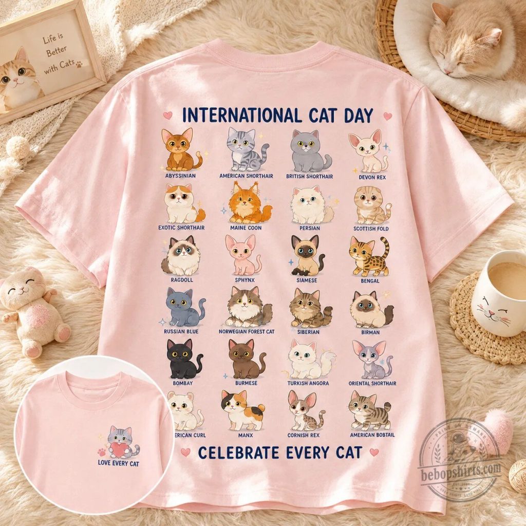 International Cat Day Celebrate Every Cat Breeds Chart Pink T-Shirt International Cat Day Celebrate Every Cat Breeds Chart Pink T-Shirt