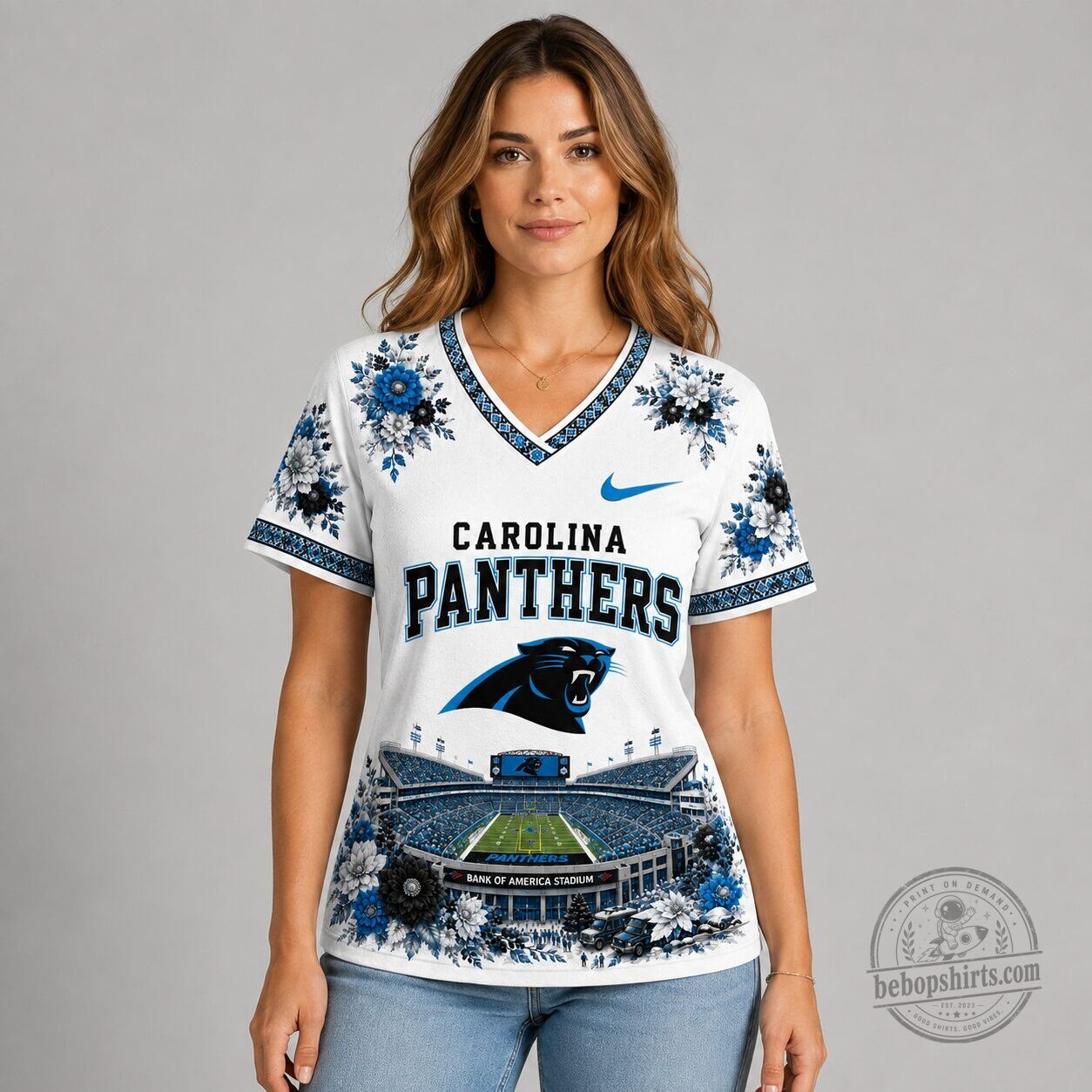 Carolina Panthers National Football League Stadium Bloom V-Neck T-Shirt 5 Carolina Panthers National Football League Stadium Bloom V-Neck T-Shirt