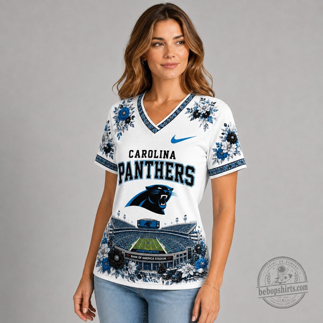 Carolina Panthers National Football League Stadium Bloom V-Neck T-Shirt 6 Carolina Panthers National Football League Stadium Bloom V-Neck T-Shirt
