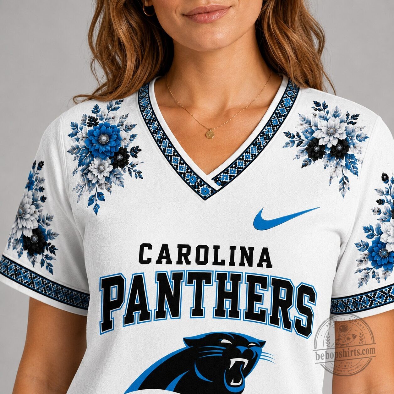 Carolina Panthers National Football League Stadium Bloom V-Neck T-Shirt 7 Carolina Panthers National Football League Stadium Bloom V-Neck T-Shirt