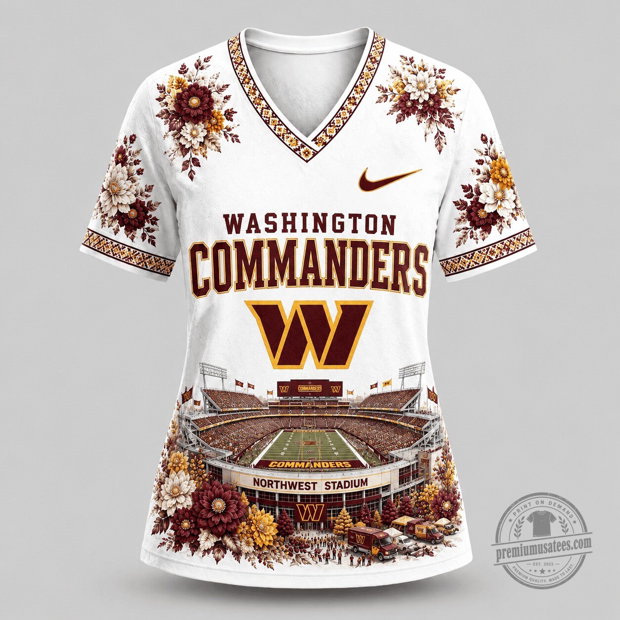 Washington Commanders Football Team Stadium Bloom Floral V-Neck T-Shirt