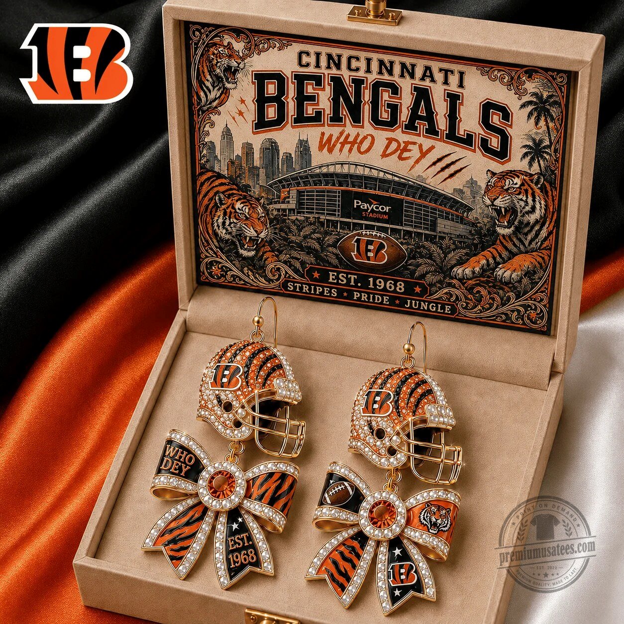 Cincinnati Bengals Football Helmet and Bow Dangle Earrings