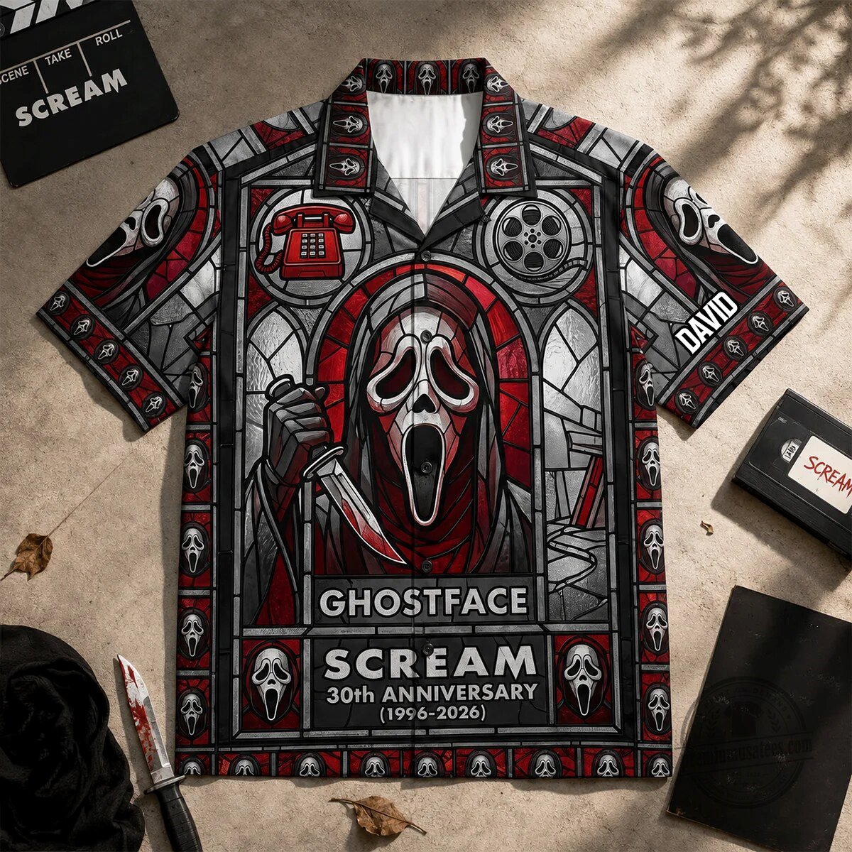 Ghostface Scream 30th Anniversary Stained Glass Hawaiian Shirt 4 Terrifying Call Hawaiian Shirt - Personalized Gifts For Horror Lovers 05qhdh060826