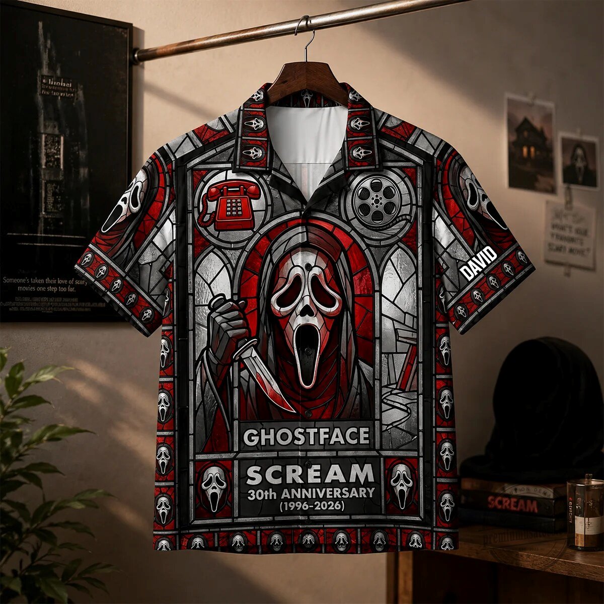 Ghostface Scream 30th Anniversary Stained Glass Hawaiian Shirt 5 Terrifying Call Hawaiian Shirt - Personalized Gifts For Horror Lovers 05qhdh060826