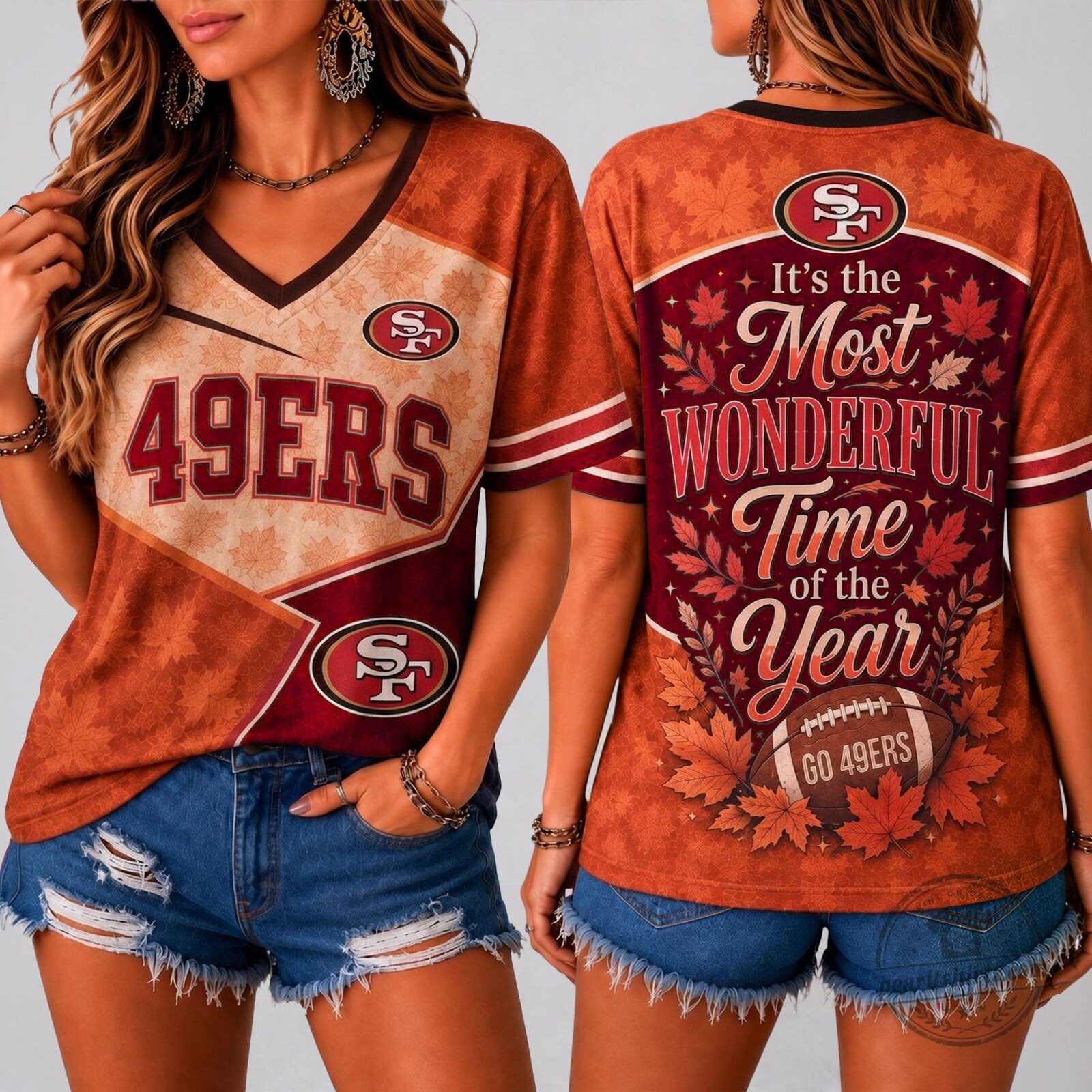 San Francisco 49ers Football Fall Most Wonderful Time of the Year V-Neck T-Shirt