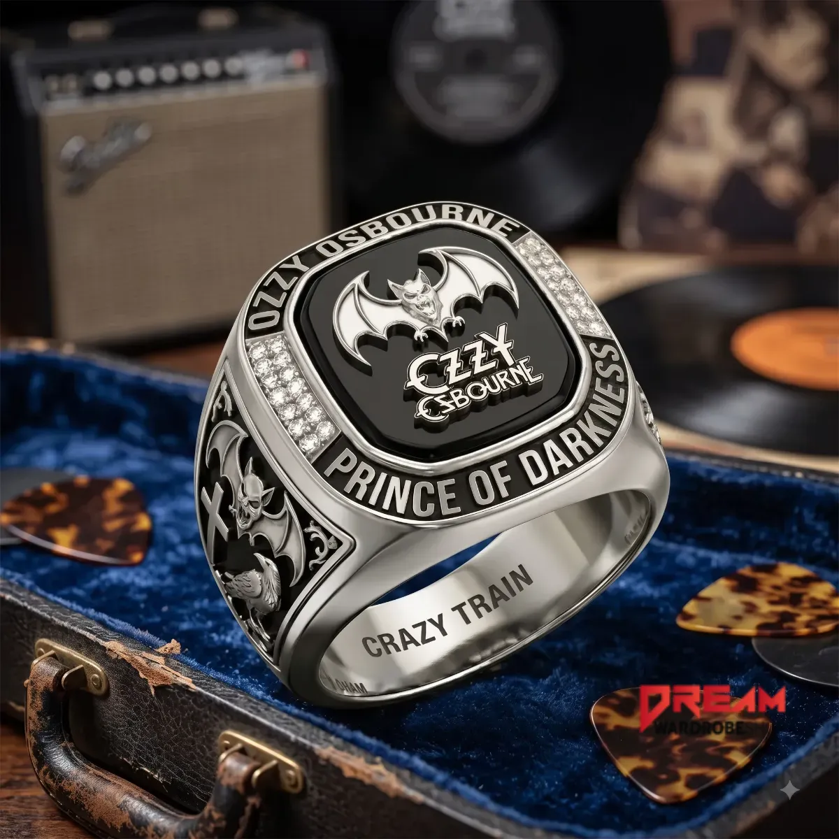 Ozzy Osbourne Prince of Darkness Bat Silver Ring 7 Side view of the Ozzy Osbourne ring showing intricate bat and cross engravings on the shank.